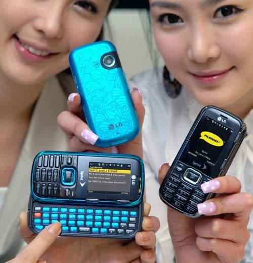 Three people holding LG Rumor 2 phones in blue and black, displaying the slide-out QWERTY keyboard and camera features