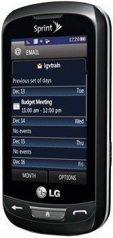 LG Rumor Reflex front view, black candybar phone with Sprint branding, showing email and calendar app on screen