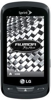 LG Rumor Reflex front view, black candybar phone with Sprint branding, geometric patterned screen display, navigation buttons below screen