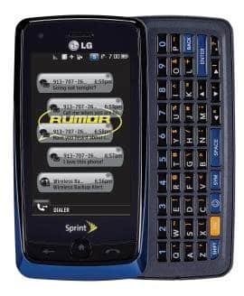 Front view of black LG Rumor Touch with slide-out QWERTY keyboard, displaying texts and Sprint logo below the screen.