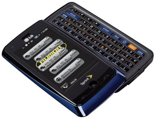 Front view of black LG Rumor Touch slide phone open, full QWERTY keyboard revealed, call log and Sprint logo on screen.