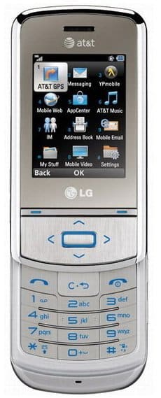 LG Shine 2 front view, silver and black candybar phone with touchscreen displaying AT&T apps and numeric keypad below
