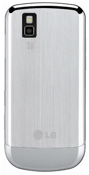 LG Shine 2 rear view, silver flip phone with brushed metal finish and dual camera lens