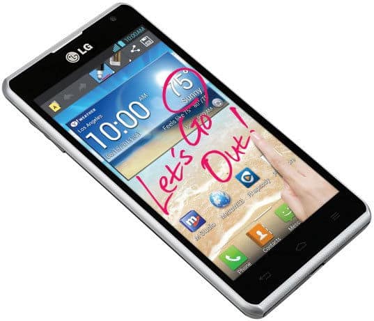 LG Spirit 4G smartphone, front view, with home screen displaying time, weather widget, and "Let's Go" text on display