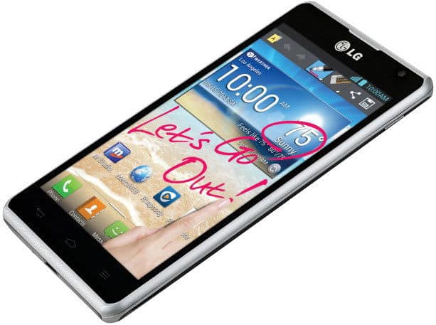 LG Spirit 4G smartphone displayed at an angle, showing front screen with time 11:00, home screen icons, and beach-themed wallpaper with pink text
