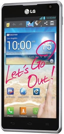 LG Spirit 4G front view, displaying home screen with beach background and "Let's Go Out!" text, apps visible in grid layout