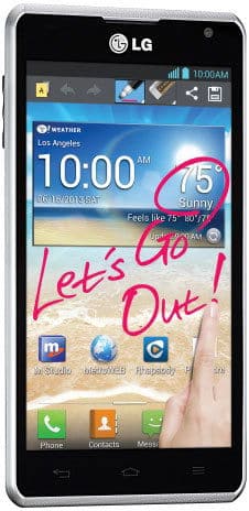 LG Spirit 4G smartphone, front view, displaying home screen with weather widget and "Let's Go Out" wallpaper