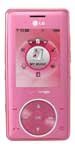 LG Strawberry Chocolate phone, front view, pink flip design with rotary dial and display screen