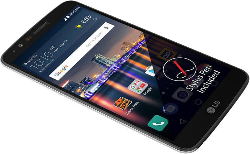 LG Stylo 3 front view displaying home screen with weather widget, app icons, and stylus included callout