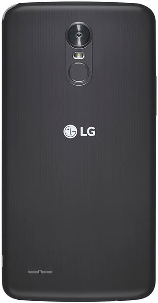 LG Stylo 3 rear view, black phone showing camera lens and LG logo