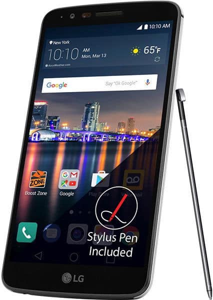 LG Stylo 3 front view with screen on, showing home screen with Google search bar, weather widget, and stylus pen displayed alongside the phone