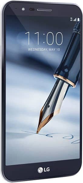 LG Stylo 3 Plus front view displaying lock screen with time and stylus illustration