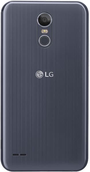 LG Stylo 3 Plus rear view, showing dark gray brushed metal back with camera, fingerprint sensor, and LG logo