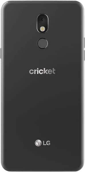 LG Stylo 5 rear view, black phone with Cricket branding, dual camera and fingerprint sensor visible