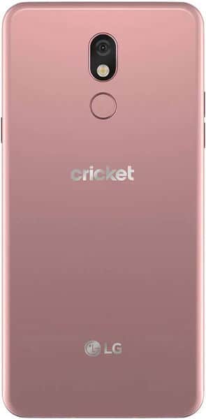 LG Stylo 5 rear view showing pink body with dual camera, fingerprint sensor, Cricket branding, and LG logo