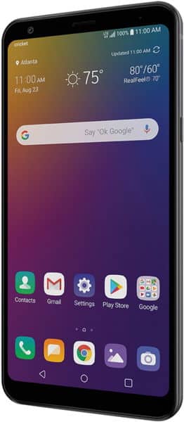 LG Stylo 5 front view with home screen displaying weather, time, Google search bar, and app icons including Contacts, Gmail, Settings, Play Store, and Camera