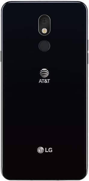 LG Stylo 5+ rear view, black phone showing dual camera, fingerprint sensor, and AT&T branding