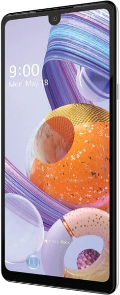 LG Stylo 6 front view, showing colorful abstract wallpaper with spherical objects on screen displaying time and date