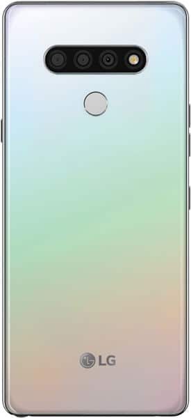 LG Stylo 6 rear view showing quad camera setup and fingerprint sensor on gradient white-to-pink background