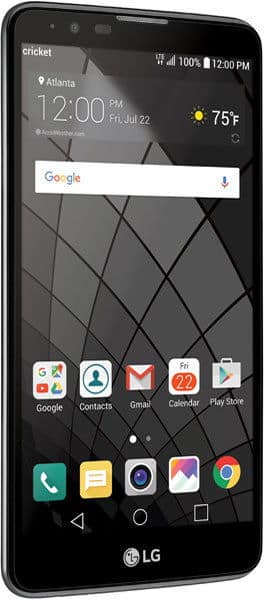 Front view of black LG Stylus 2 showing home screen with app icons, July 22, 12:00 PM, 75°F weather, geometric wallpaper.