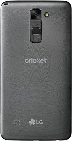 Rear view of dark gray LG Stylus 2 showing top-center camera, flash, fingerprint sensor, and LG and Cricket logos.