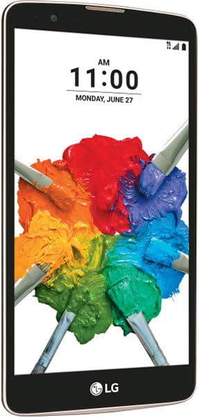 Front view of black LG Stylus 2 Plus showing 11:00 AM, June 27, and a vivid abstract paintbrush pattern on the display.