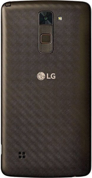 Rear view of brown LG Stylus 2 Plus with LG logo, rear camera, fingerprint sensor, flash, and bottom left speaker grille.