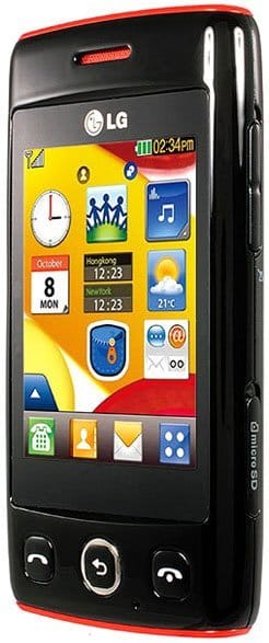 LG Wink front view, black and red phone displaying colorful app icons on screen