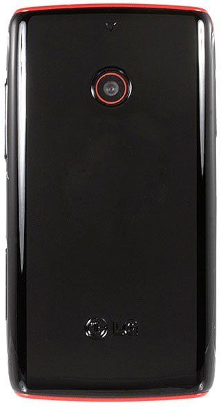 LG Wink rear view, black phone with red trim and camera lens centered on back panel