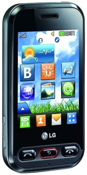 LG Cookie 3G phone front view with touchscreen displaying colorful app icons and home screen interface