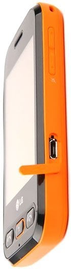 LG Cookie 3G phone, side view, showing orange and silver casing with screen and control buttons