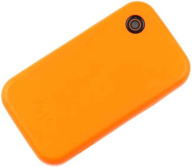 LG Cookie 3G phone, rear view, bright orange with camera lens visible