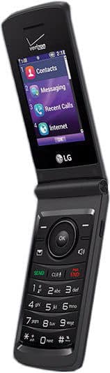LG Terra flip phone, open, displaying menu with Contacts, Messaging, Recent Calls, and Internet options on screen