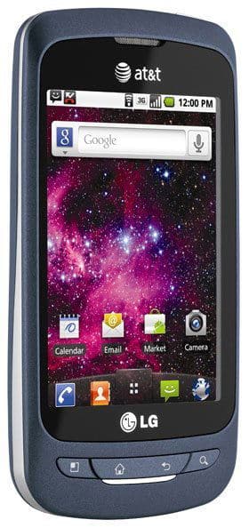 LG Phoenix Android phone, front view, displaying home screen with Google search bar and app icons, AT&T branding visible