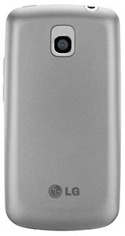 LG Phoenix phone, rear view, silver with camera and LG logo visible