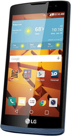 LG Tribute 2 front view with weather widget, app icons, and home screen displayed on black and blue phone