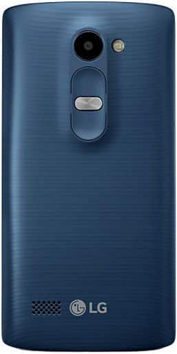 LG Tribute 2 rear view, showing blue brushed metal back with camera and power button