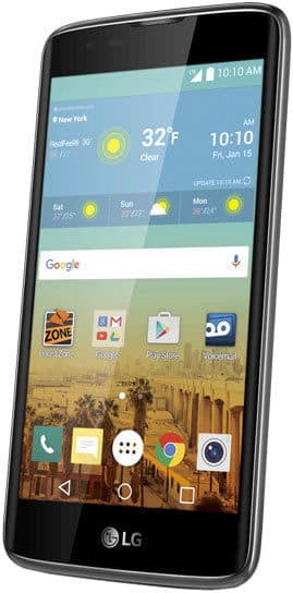 LG Tribute 5 front view with weather widget, Google search bar, and app icons on home screen
