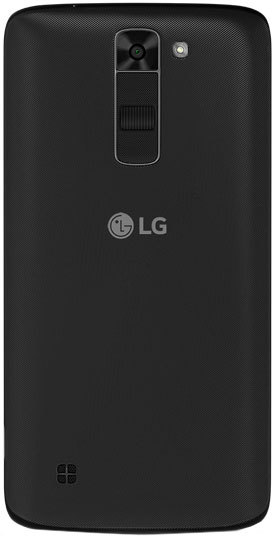 LG Tribute 5 rear view, black phone with camera and LG logo centered on back panel