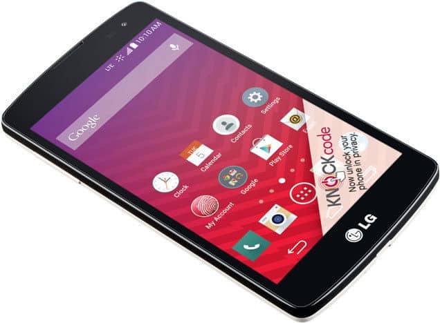 LG Tribute smartphone front view with colorful home screen displaying apps and settings icons on gradient background