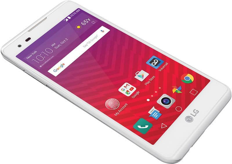 White LG Tribute HD smartphone, front angled view with screen on showing app icons, time, date, and weather on red background.