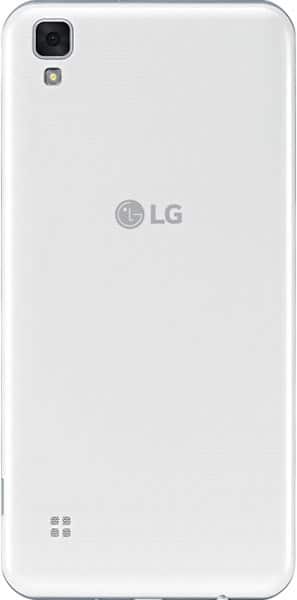 Rear view of white LG Tribute HD smartphone with rear camera, flash, LG logo, and lower speaker grille visible.