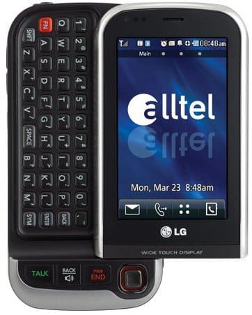 LG Tritan front view with touchscreen (Alltel logo, date, time) and side-sliding QWERTY keyboard with talk, back, power keys.