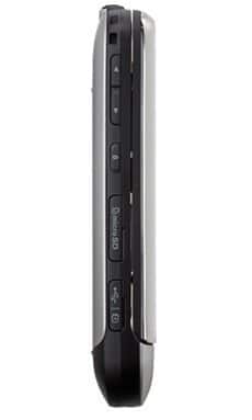 Side view of LG Tritan phone in silver and black, highlighting buttons, microSD card slot, and USB port.