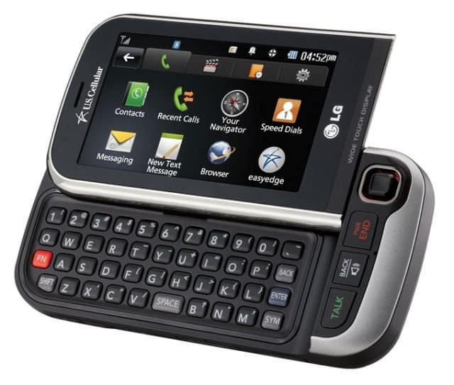 Side view of LG Tritan slider phone with QWERTY keyboard extended, touchscreen showing contacts, messaging, and browser icons.