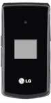 LG TU515 flip phone, front view, closed with silver square accent on black exterior