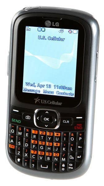 Front view of LG Saber phone with full QWERTY keyboard, small screen, and green-orange labeled navigation buttons.