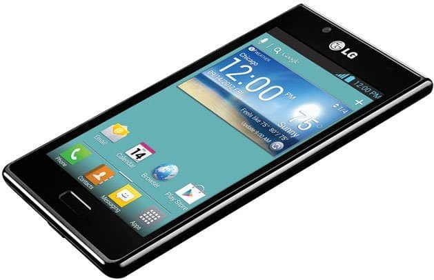 LG Splendor smartphone displayed at an angle, showing home screen with app icons and clock widget displaying 2:00