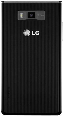 LG Splendor rear view, showing black ridged back panel and camera module