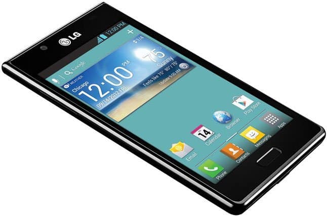 LG Splendor smartphone viewed from front, displaying home screen with time, weather widget, and app icons on turquoise background